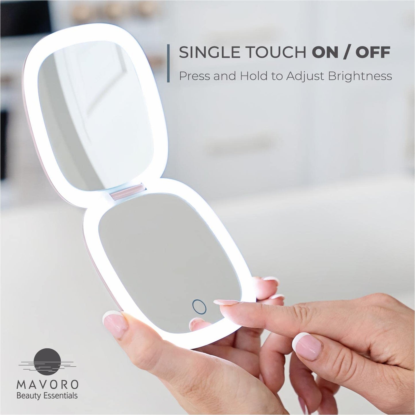 Mavoro LED Lighted Travel Makeup Mirror | 1x/10x Magnification | Rechargeable USB-C | Pocket & Purse Portable Lighted Travel Makeup Compact Mirror