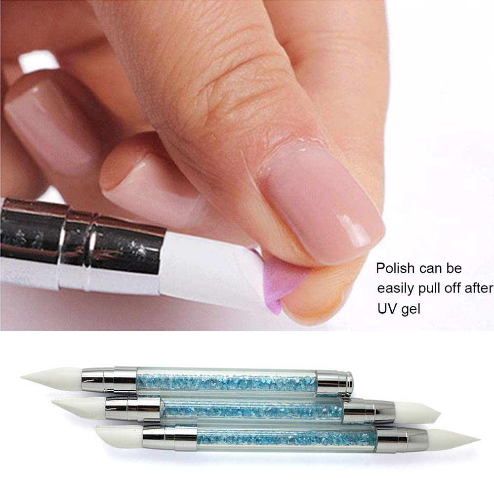 BornBeauty 2 Ways Silicone Nail Art Acrylic Pen Brushes set 3 Pcs Blue Rhinestones Design Sculpture Carving Brush for 3D Effect Shaping Drawing Beauty & Personal Care Born Beauty