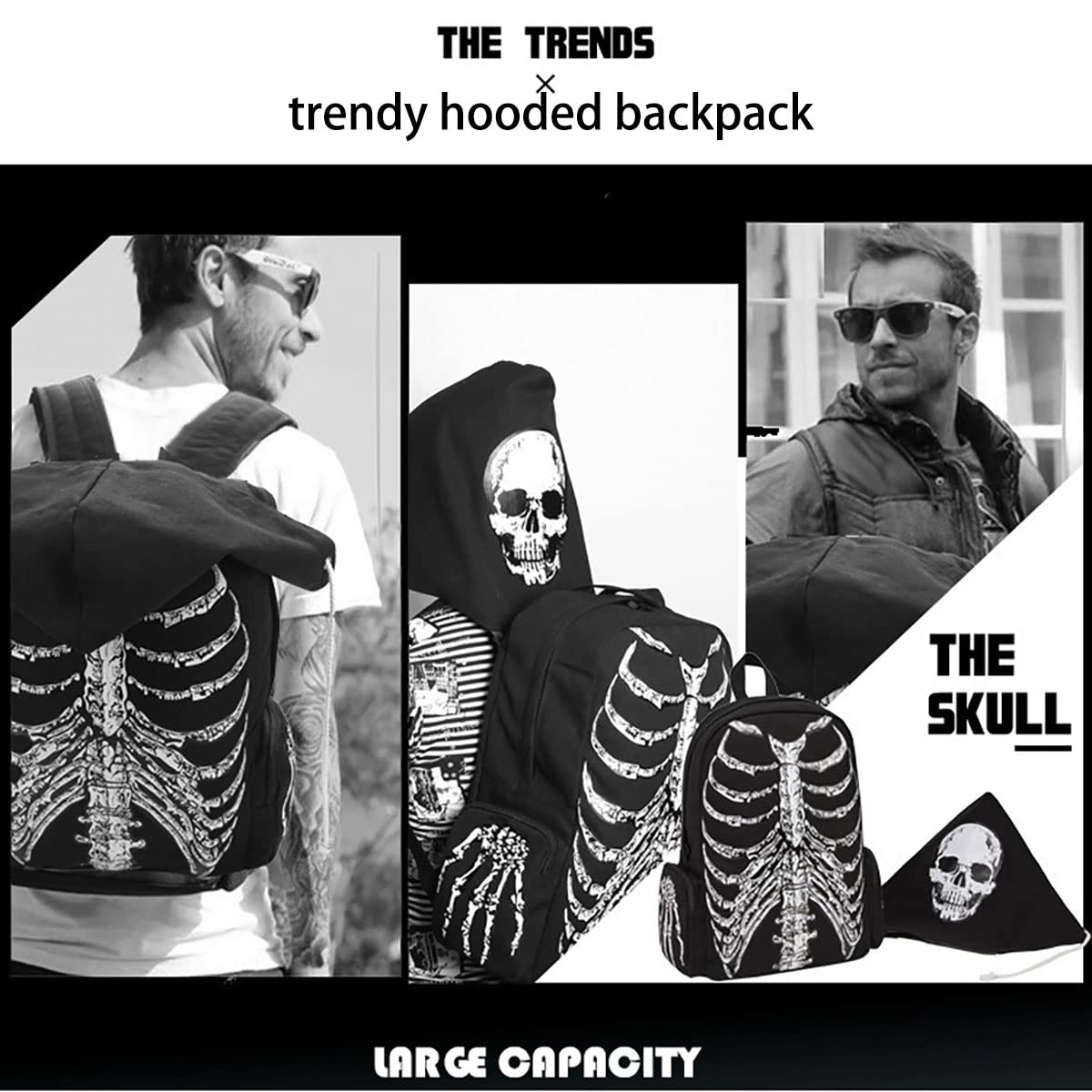 LREUIP Goth Backpack Grunge Backpack Y2k Fashion Skull Backpack Hooded Backpack Gothic Black Shoulder Bag Goth Messenger Bag (Backpack Skeleton)…