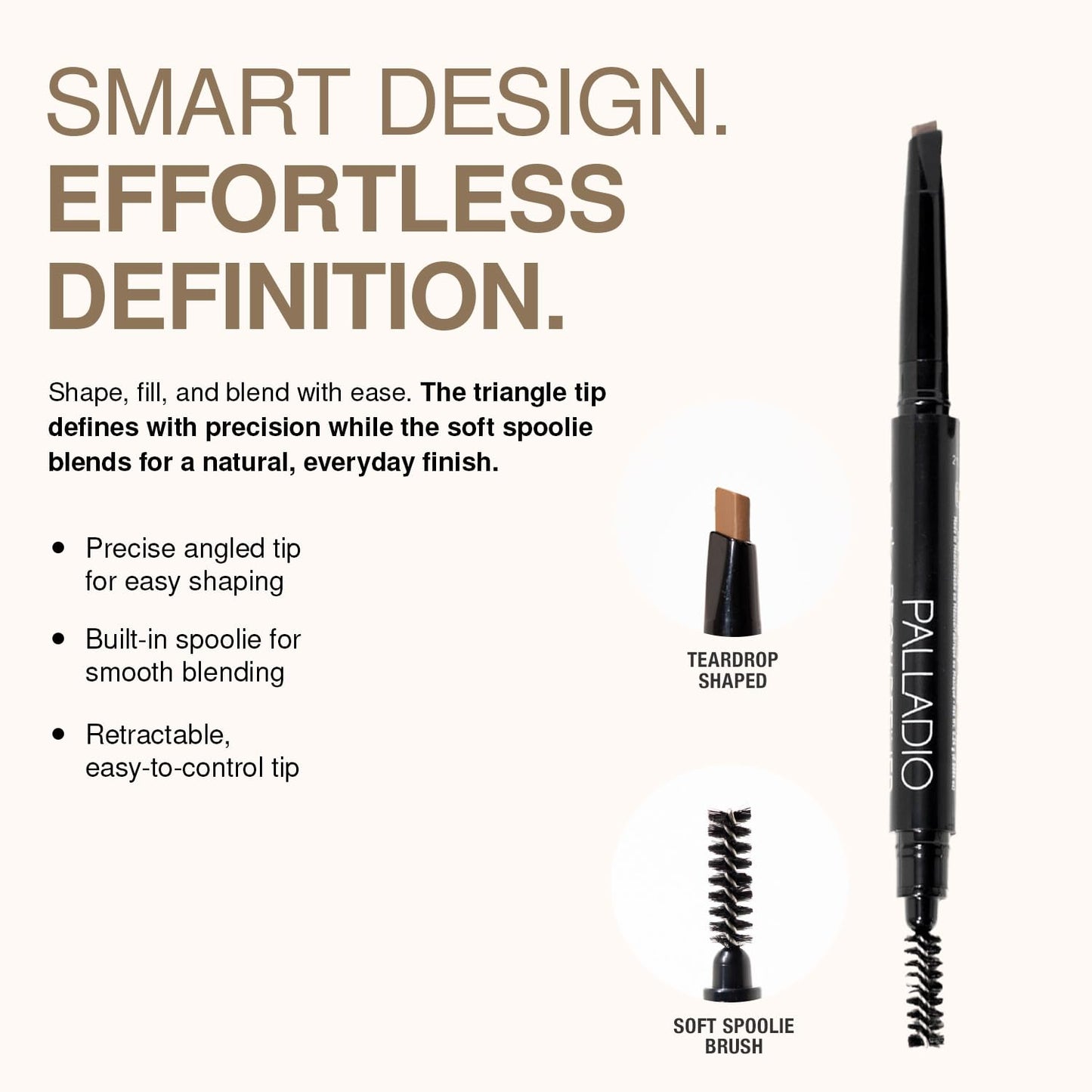 Palladio Brow Definer Retractable Pencil, Triangular Tip Fills Brows for a Natural Look, Tame and Shape Eyebrows with Spoolie Brush, Eyebrow Shaper