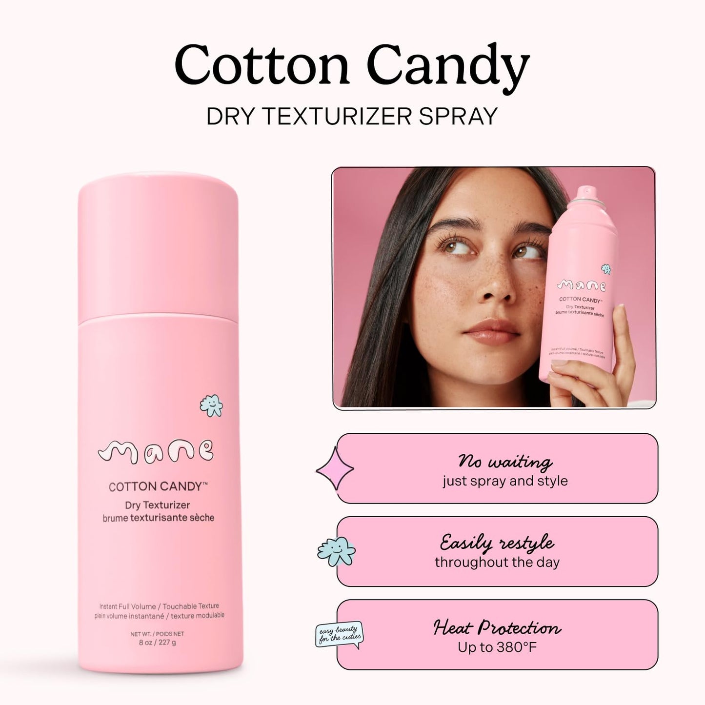Mane Cotton Candy Dry Texture Spray - Volumizing Spray for Fine Hair - Lightweight Hair Styling Spray with Root Lift & Soft Tousled Texture - Heat