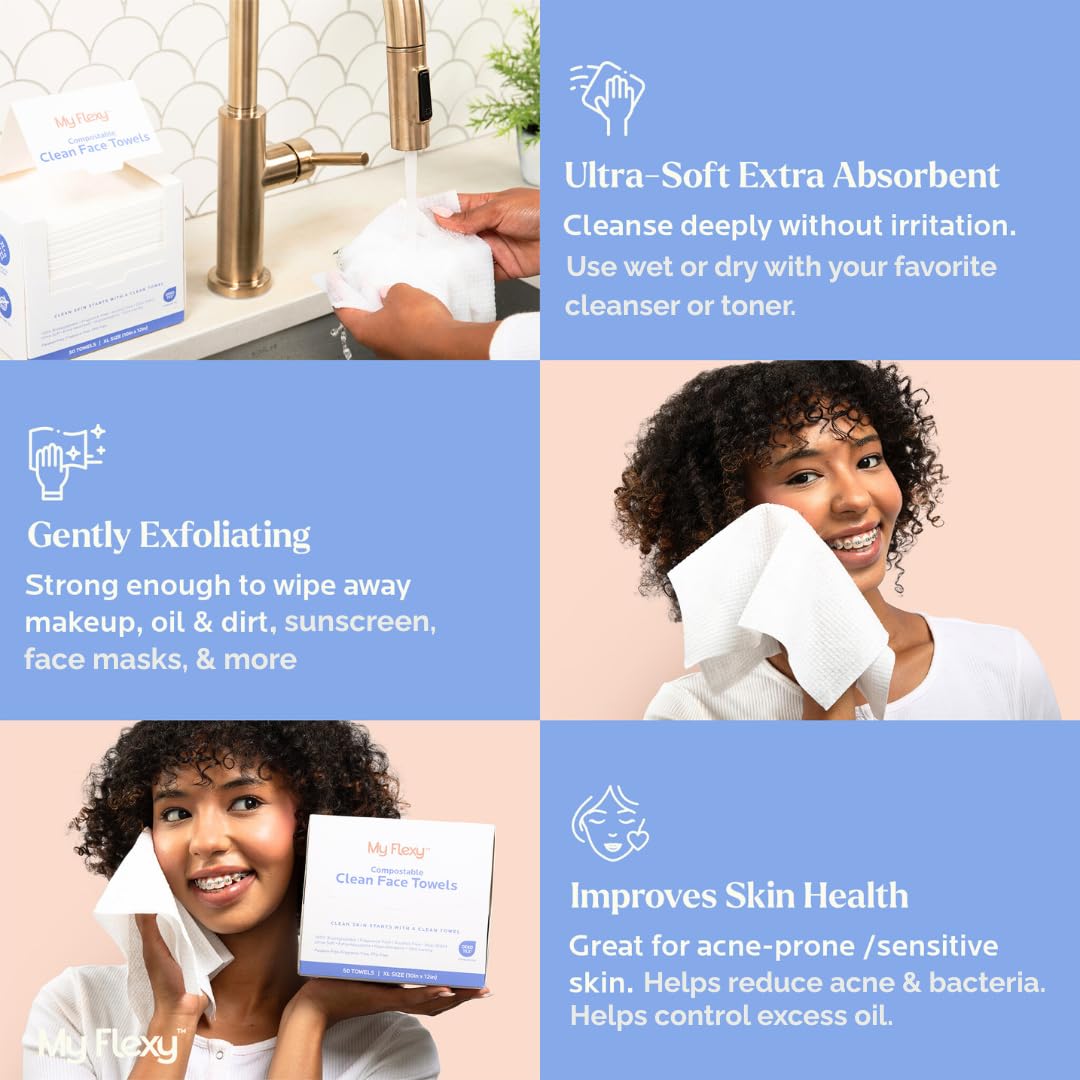 Disposable Biodegradable Face Towels XL for Skin Care & Makeup Remover Dry Wipes, Clean Facial Towel, Hypoallerganic Wash Cloth, Clean Face Towels