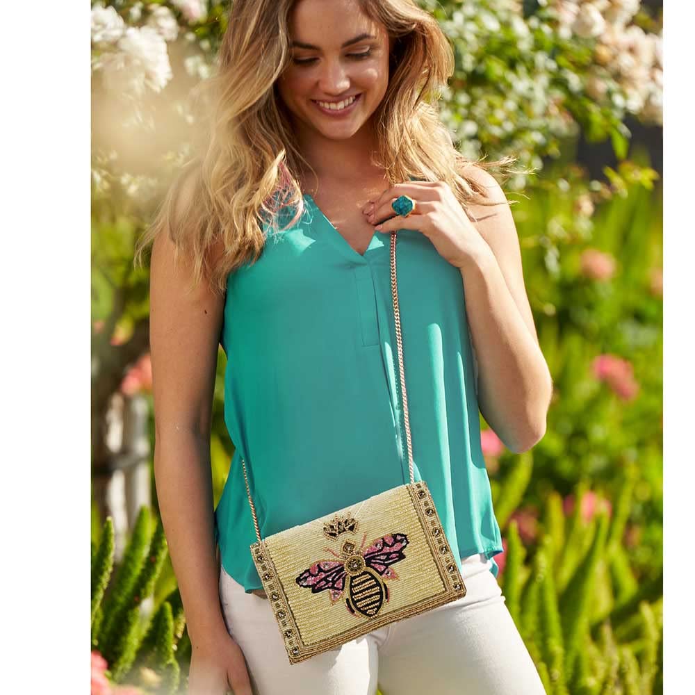 Mary Frances Buzzed Beaded Handbag - Bee Embellished Regal Crossbody Clutch with Magnetic Closure for Travel, Weddings, Parties - Gold