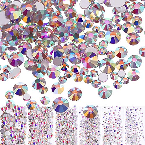 Bememo 3456 Pcs Crystals Diamond Rhinestones AB Clear Flat Back Round Gems Flatback Glass Mixed Size Crystals Gems for Crafts Clothes Shoes Makeup
