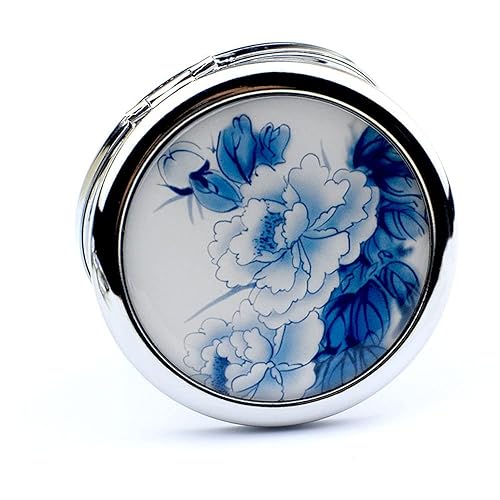 mpowtech Blue Magnifying Compact Mirror for Purse - 1x/2x Magnification Travel Makeup Mirror,Small Flower Pocket Mirrors,Handheld 2-Sided Portable