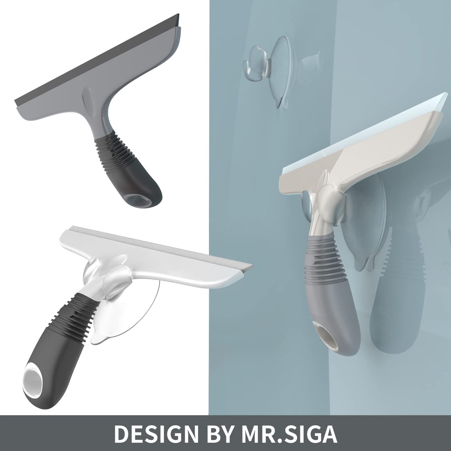 MR.SIGA 10" Silicone Squeegee for Windows, Glass, Shower Doors & Cars – Heavy Duty with Suction Hook, White & Gray, 1 Pack