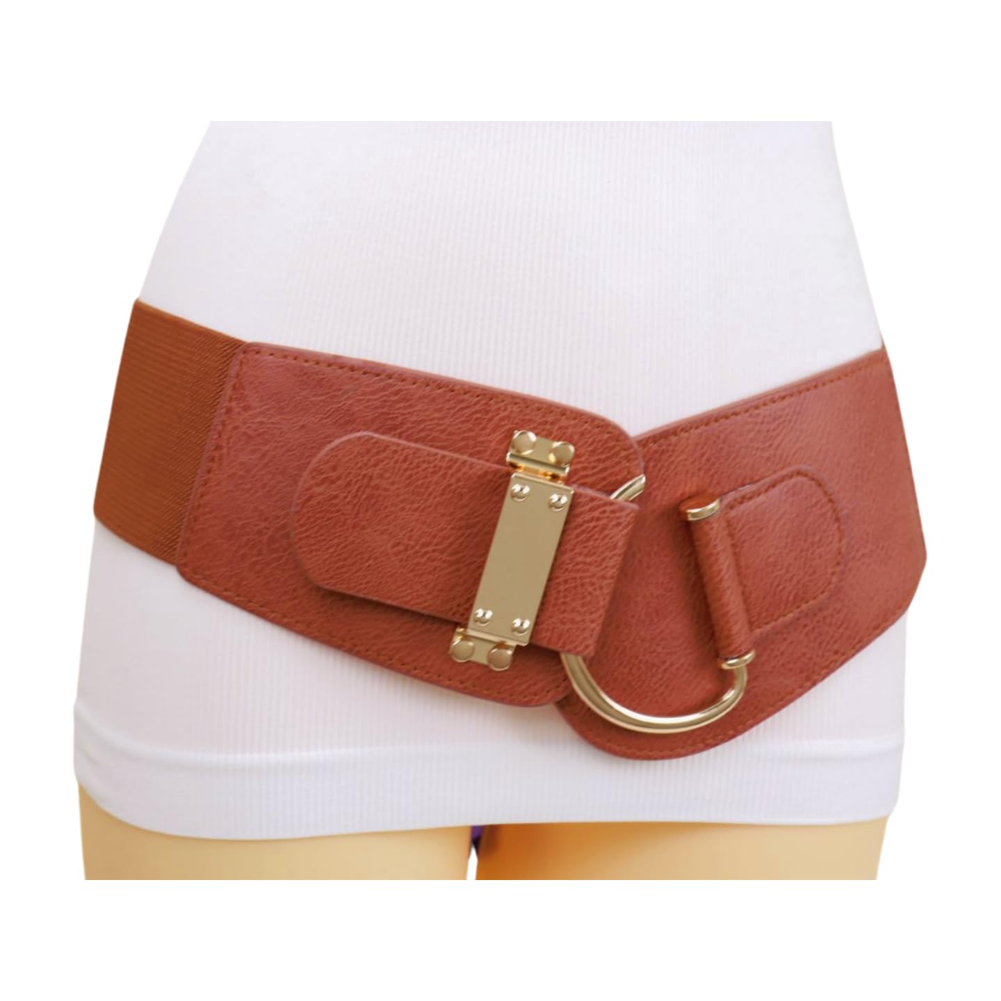 Women Gold Metal Hook Buckle Wide Dressy Fashion Elastic Belt Hip Waist Size S M Brown