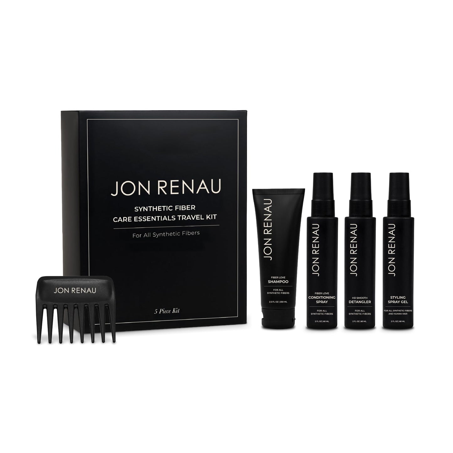 Jon Renau Synthetic Wig Care Travel Kit, 5-Piece Set - Wig Shampoo and Conditioner, Detangler Spray, Styling Gel, Wide Tooth Comb, Travel Sized