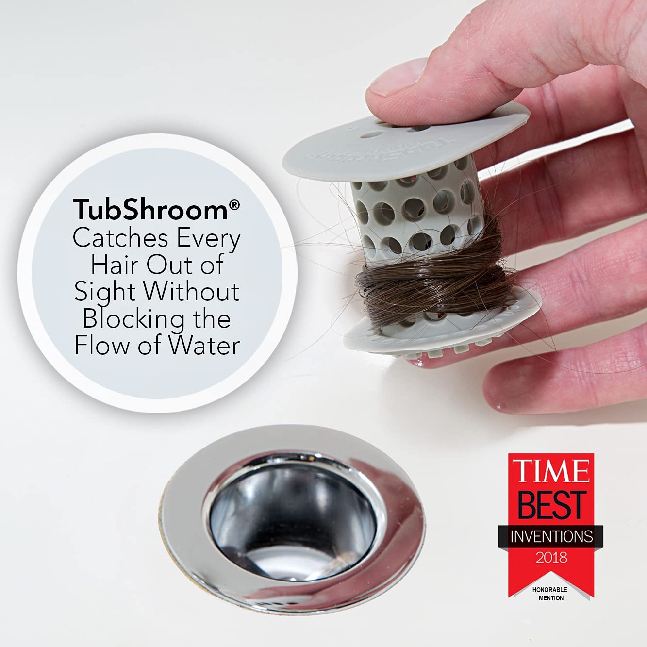 TubShroom Tub Hair Catcher Protector, Fits 1.5" - 1.75" Drain, Gray