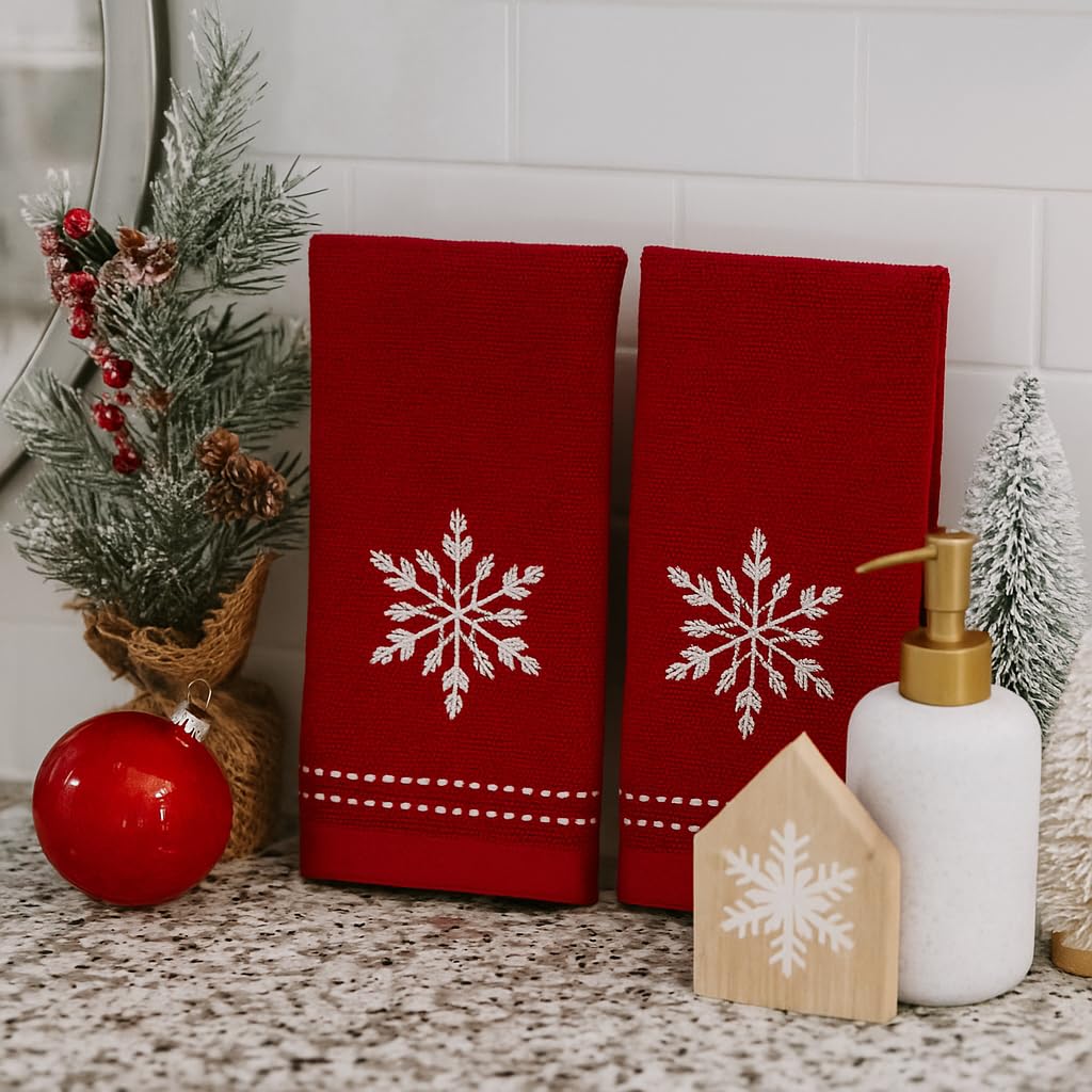 Serafina Home Christmas Bath Fingertip Towels, Red with White Embroidered Snowflake, 2 Piece Set, 12 x 18 inches, 100% Cotton,for bathrooms & Kitchens