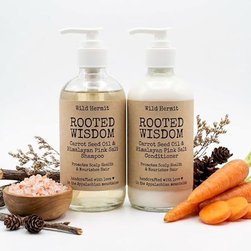 Wild Hermit Wellness' Rooted Wisdom Goat Milk Shampoo and Conditioner Set with Himalayan Pink Salt, Carrot Seed Oil, Sulfate Free, 10 oz Each, 2 Count