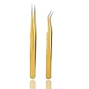 Tvoip 2 Pcs Gold Stainless Steel Tweezers for Eyelash Extensions, Straight and Curved Tip Tweezers Nippers, False Lash Application Tools