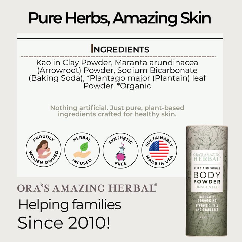 Ora's Amazing Herbal Fragrance Free Body Powder for Women and Men, Unscented Talc Free Talcum Powder, Cornstarch Free Dusting, Waxing, Natural