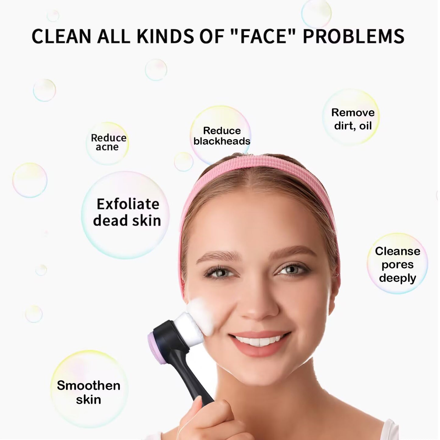 Beomeen Face Brush 2 in 1, Facial Cleansing Exfoliating Scrubber Brush, Silicone Double Side Face Wash Scrub Brush with Super Soft Bristles for Deep