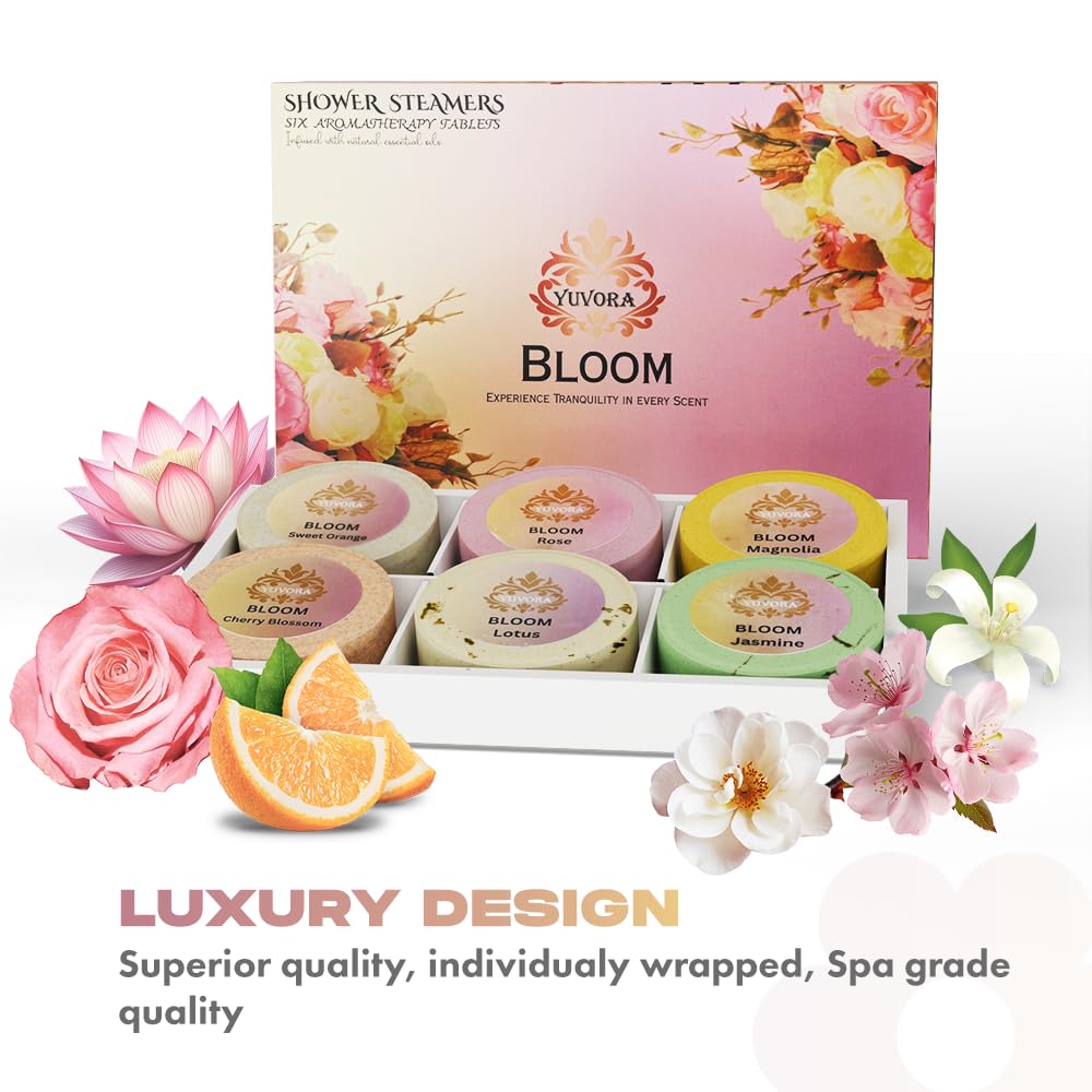 Yuvora Shower Steamers Gift Set - 6 Aromatherapy Scents for Women & Men - Bloom Collection - Essential Oil Shower Bombs for Relaxation, Stress Relief…