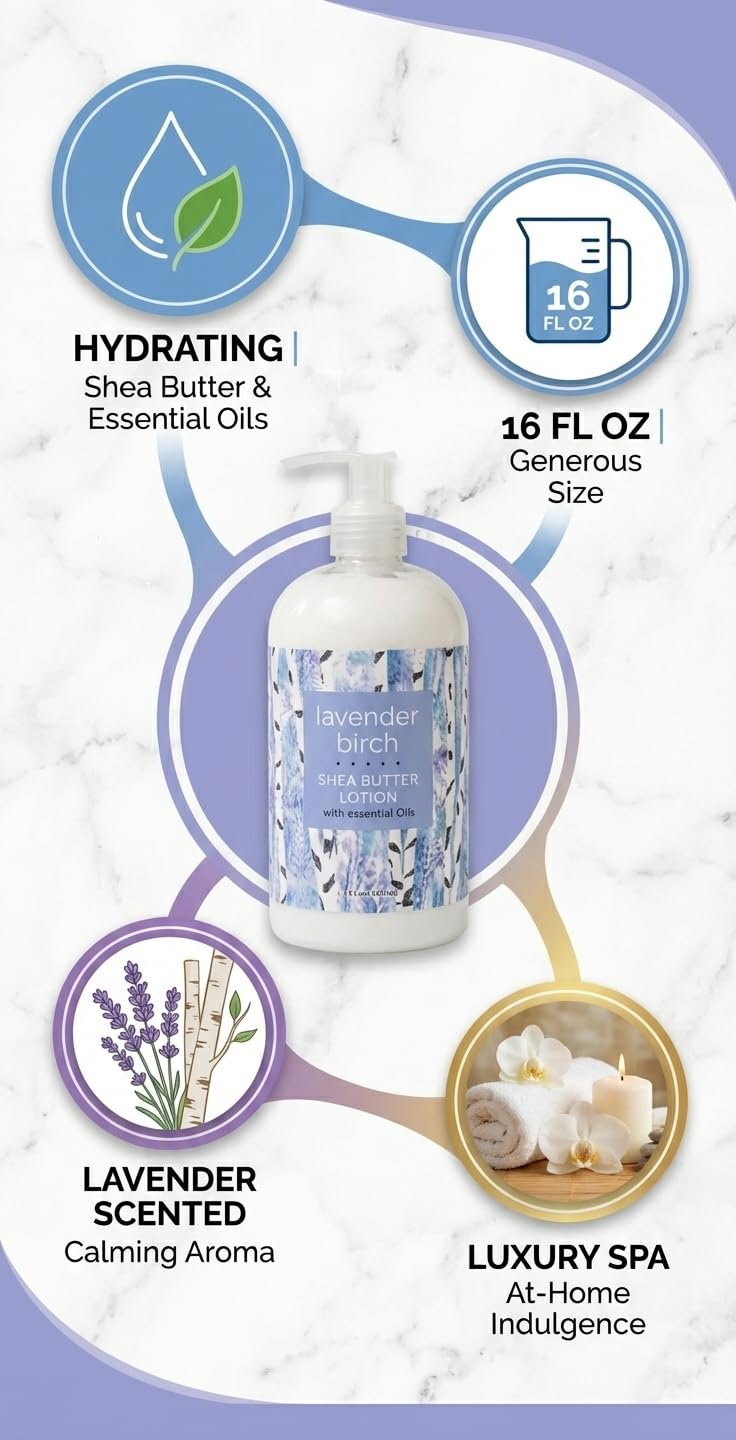 Greenwich Bay Trading Lavender Birch Lotion, 16 fl oz pump bottle. Hydrating body lotion with shea butter, cocoa butter & vitamin E. Soothing lavender