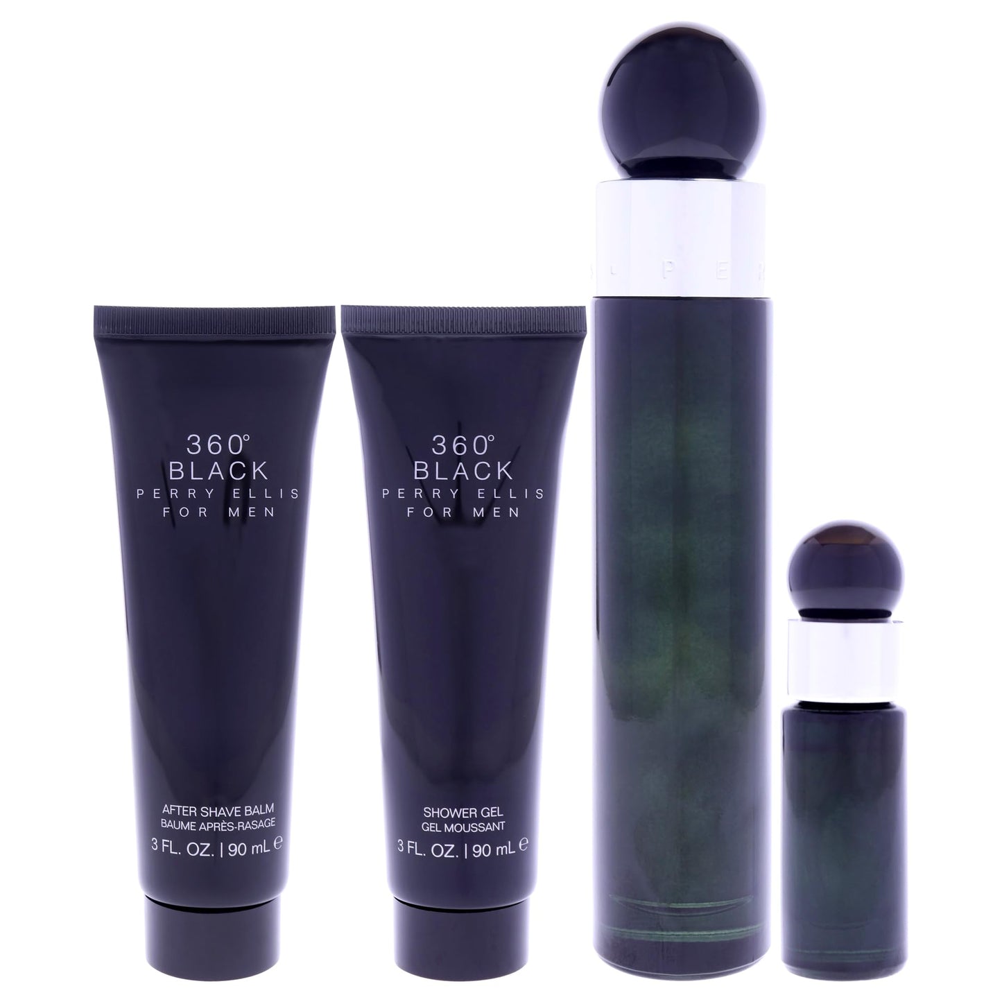 360 Black by Perry Ellis for Men - 4 Pc Gift Set 3.4oz EDT Spray, 0.25oz EDT Spray (Mini), 3oz Aftershave Balm, 3oz Shower Gel