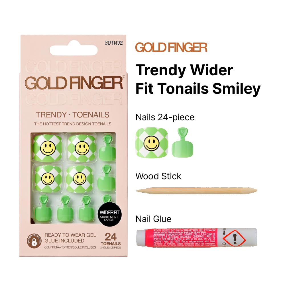 GoldFinger Trendy Press On Fake Toenail Kit Wider Fit, Smile Face Graffiti Print & Green Color, Ready to Wear Gel & Manicure Stick, Mini Glue Beauty & Personal Care Goldfinger