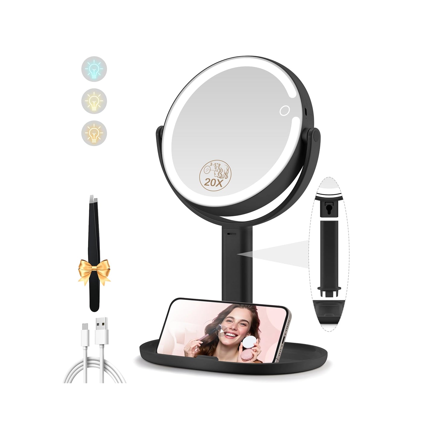 MOMOKUBA Makeup Mirror with Lights, 20X Magnifying Mirrors, Height Adjustable, Vanity Mirror with Lights Rechargeable 3 Color Modes, Double-Sided Beauty and Personal Care MOMOKUBA Default Title