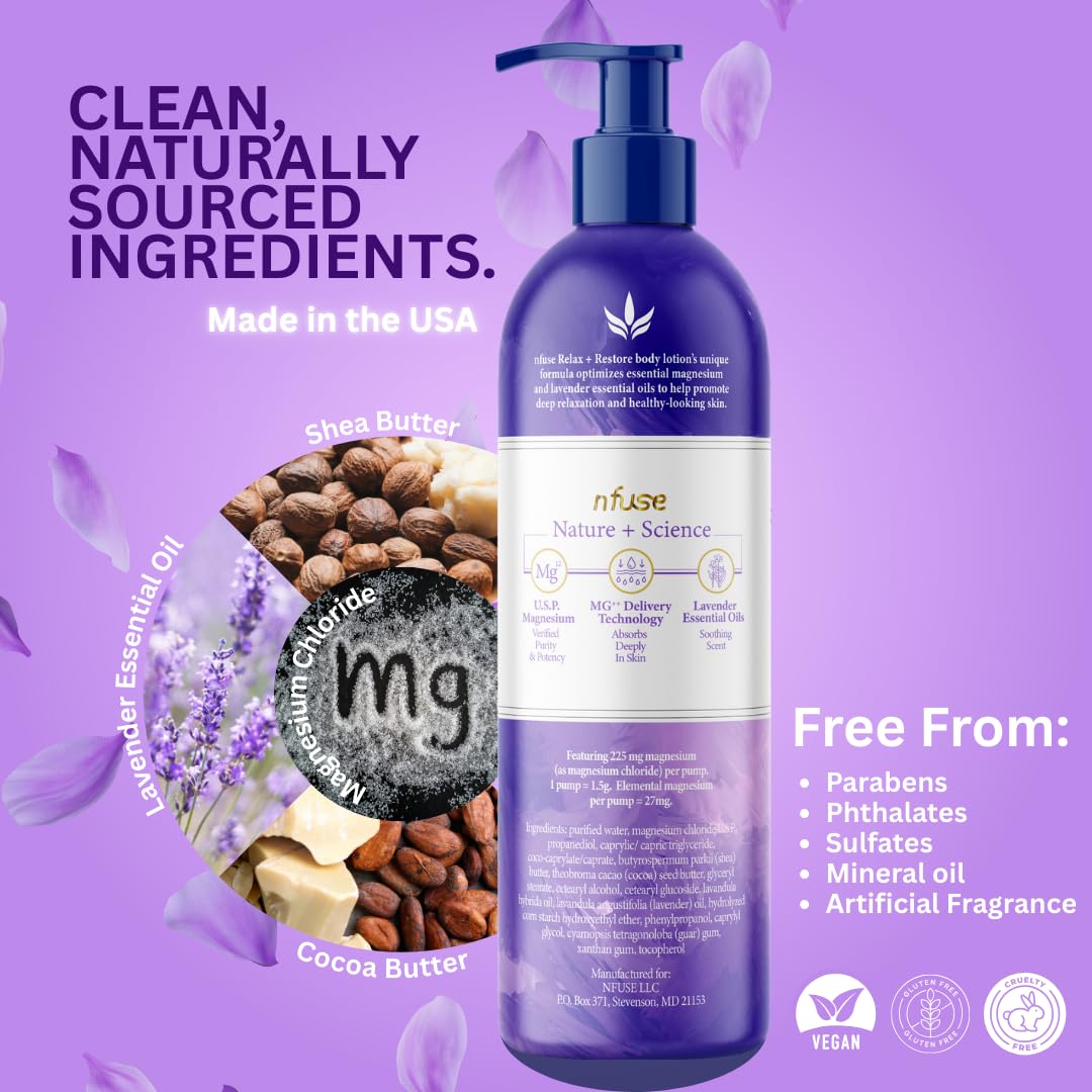 nfuse Magnesium Lotion - 225 mg USP Magnesium Chloride, Lavender Essential Oils, Fast Absorbing, Calming, Stress Relief & Muscle Relaxation - Natural