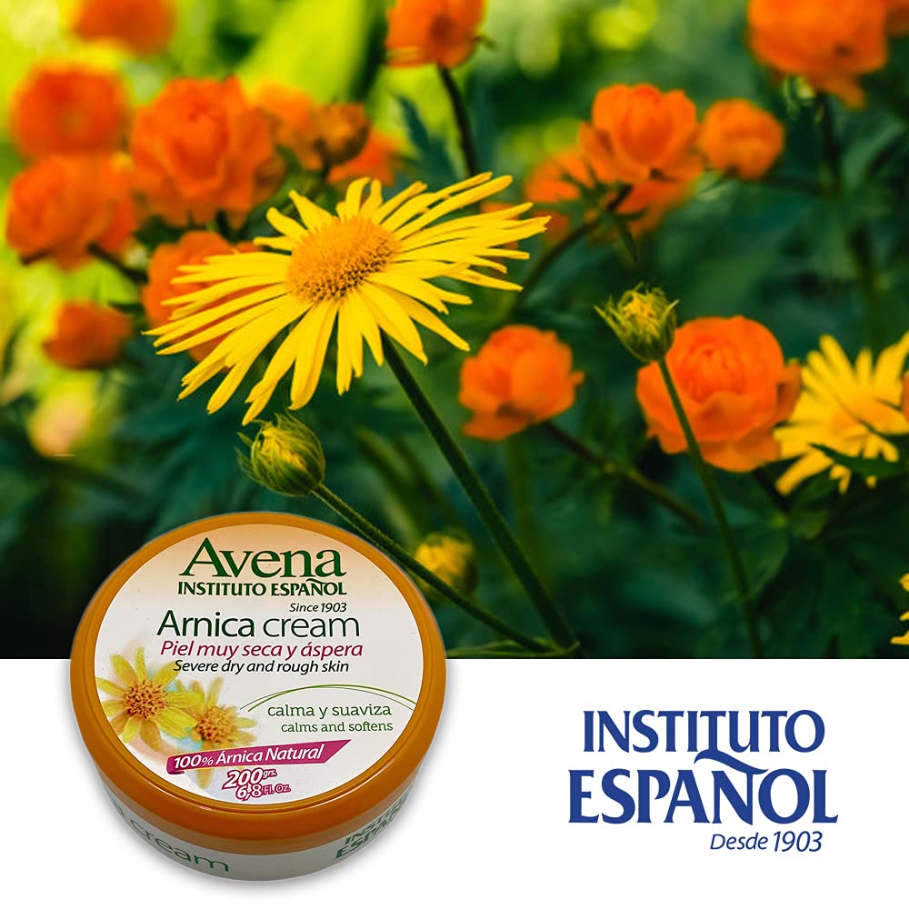 Avena Arnica Cream. Moisturizes, Soothes, Softens and Protects Severely Dry and Rough Skin. Enriched with Natural Arnica and Cocoa Butter. 6.70 oz