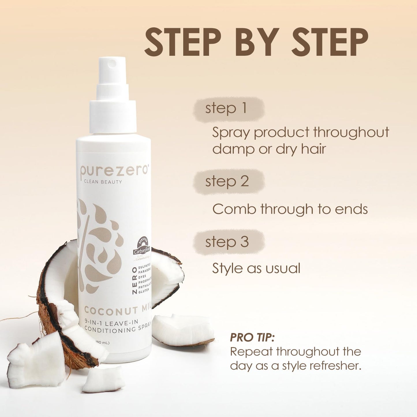 Purezero 9-in-1 Leave-In Conditioner Spray 6 oz - Multi-Action Hair Treatment for Moisture, Detangling, Frizz Control, Heat Protection, and Shine