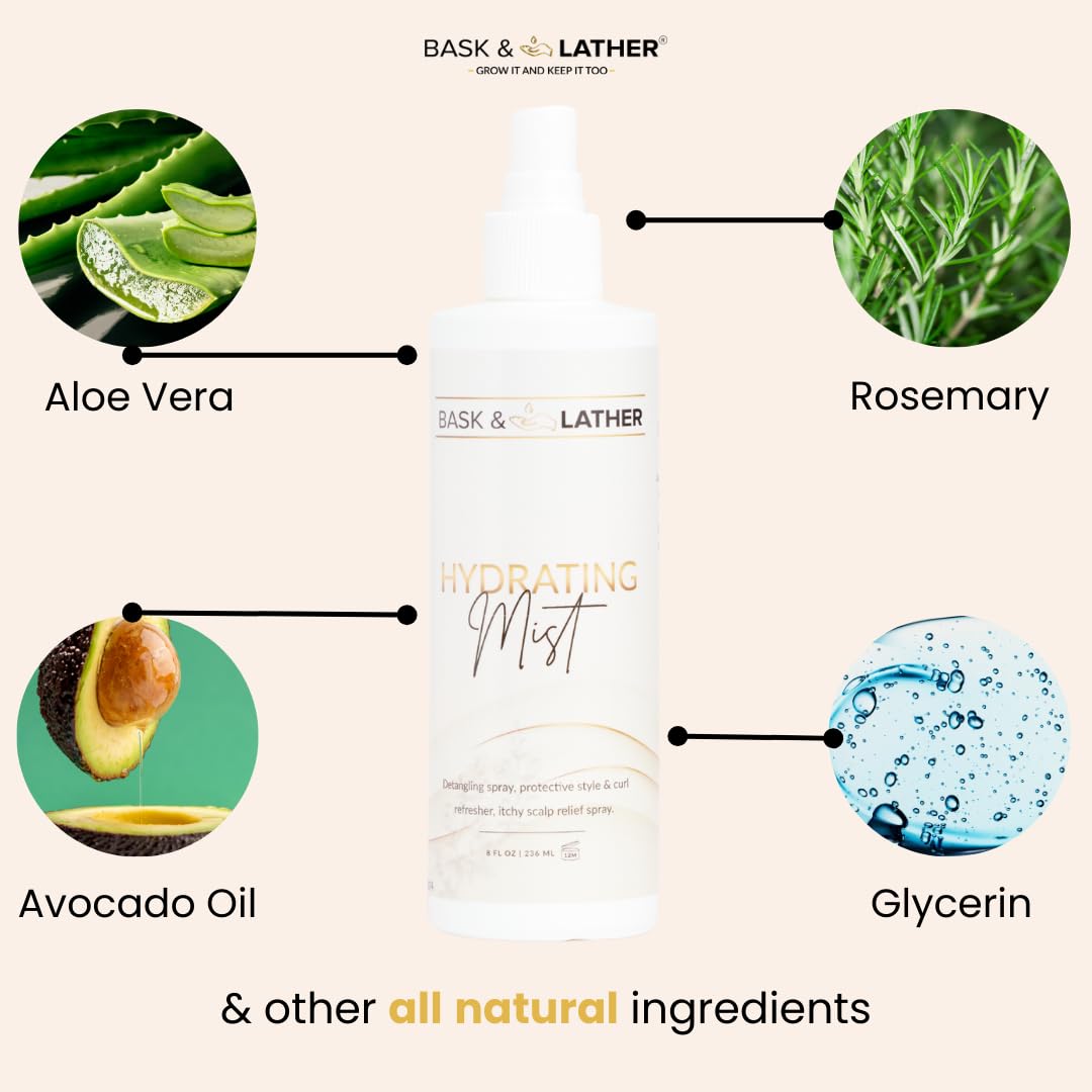 BASK & LATHER Hydrating Hair Mist, Leave-In Conditioner, Itchy Scalp Relief, Detangler, Curl Definer, Aloe Vera, Avocado Oil, For All Hair Types, 8 oz Beauty and Personal Care BASK & LATHER