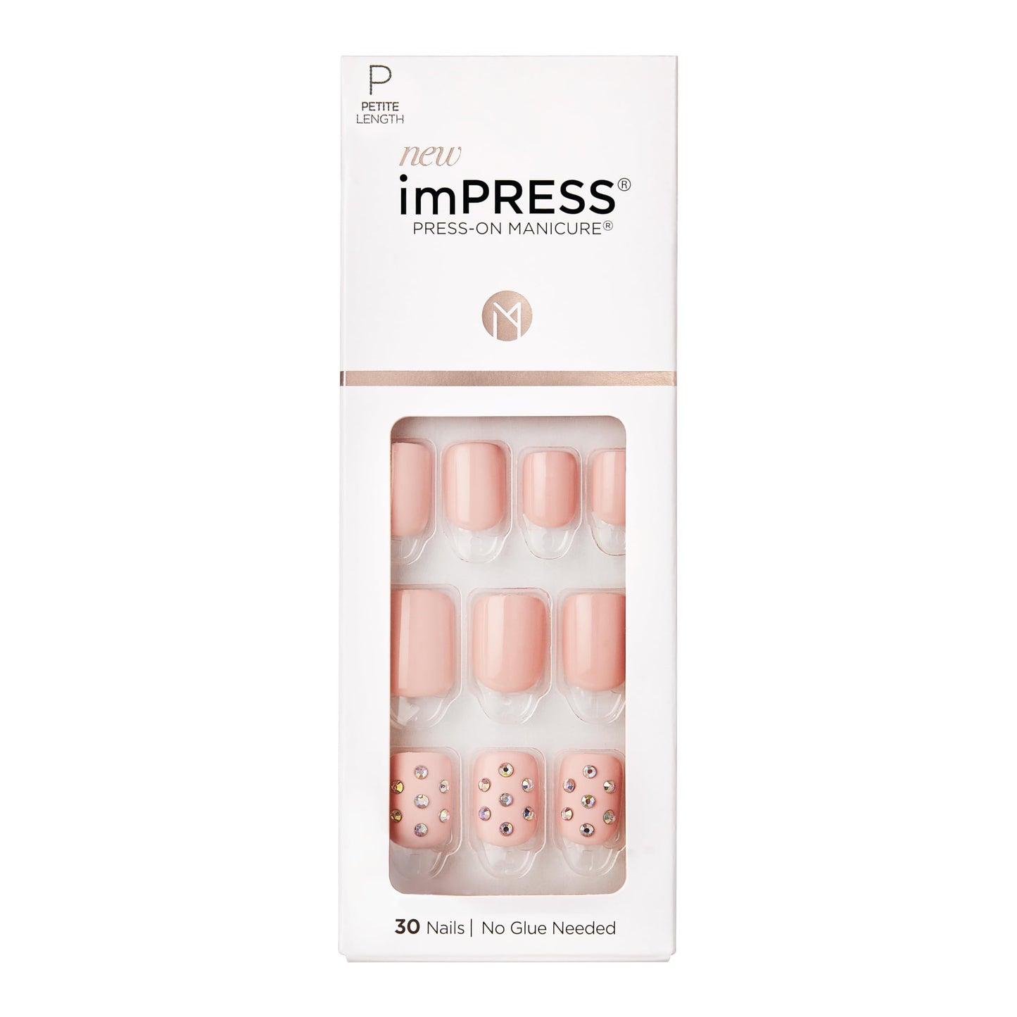 KISS imPRESS No Glue Mani Press On Nails, Design, 'Petite Secrets', Pink, Petite Size, Squoval Shape, Includes 30 Nails, Prep Pad, Instructions Sheet