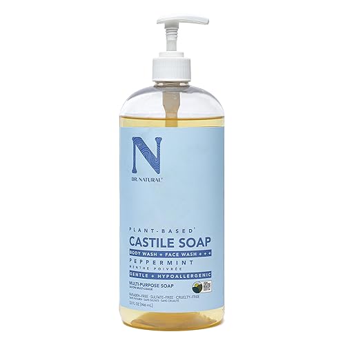 Dr. Natural Castile Liquid Soap, Peppermint, 32 oz - Plant-Based - Made with Organic Shea Butter - Rich in Coconut and Olive Oils - Sulfate