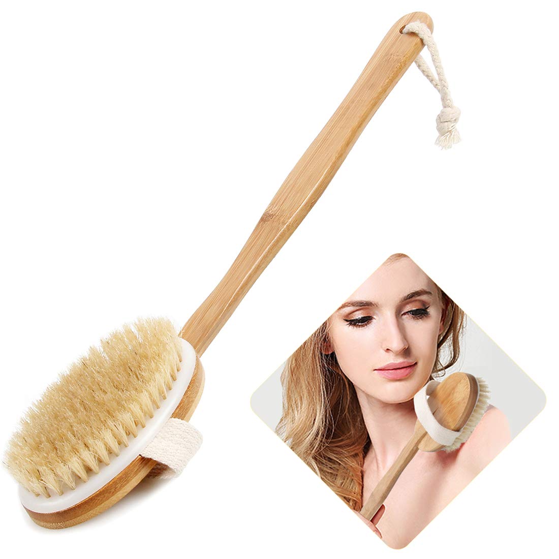 Bath Body Brush & Shower,Dry Skin Brushing with 100% Natural Boar Bristles & 16 inches Long Bamboo Detachable Handle,Back Scrubber for Exfoliates