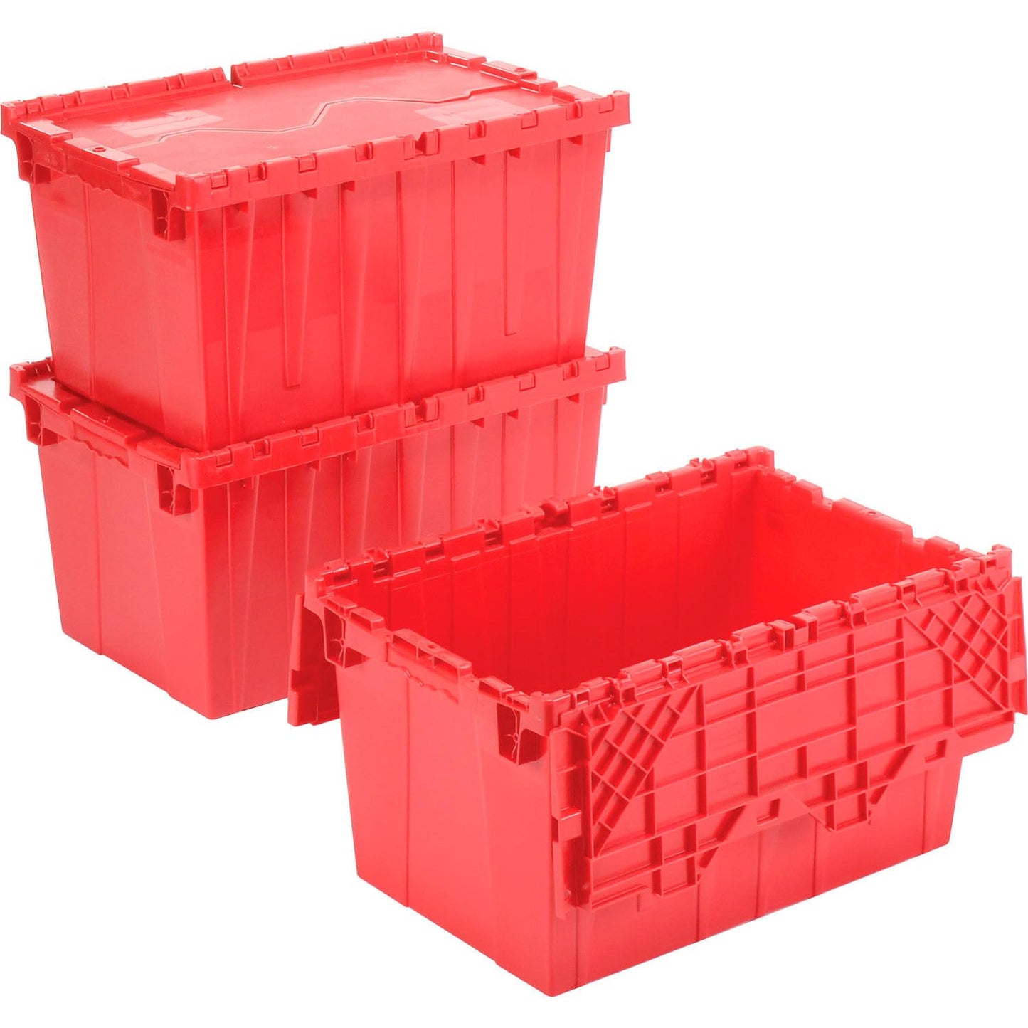 Plastic Attached Lid Shipping & Storage Container, 25-1/4x16-1/4x13-3/4, Red