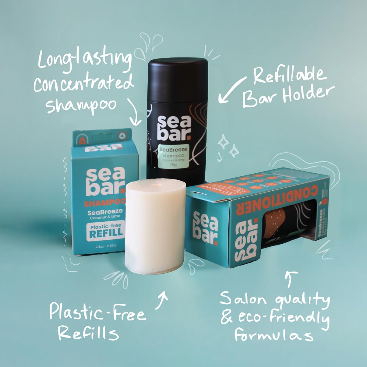 SeaBar Shampoo and Conditioner Bar Set with Refillable Applicator - Salon-Quality Cleanse & Condition - Volume & Soft, Manageable Lengths - Sulfate