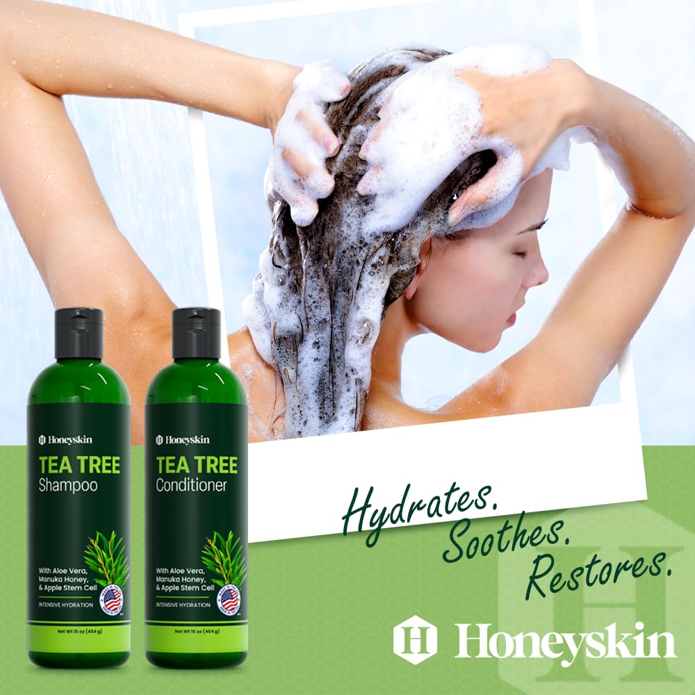 Tea Tree & Honey Shampoo & Conditioner Set - Dandruff Treatment With Organic Tea Tree Oil - Itchy Scalp Treatment for Women & Men - Sulfate