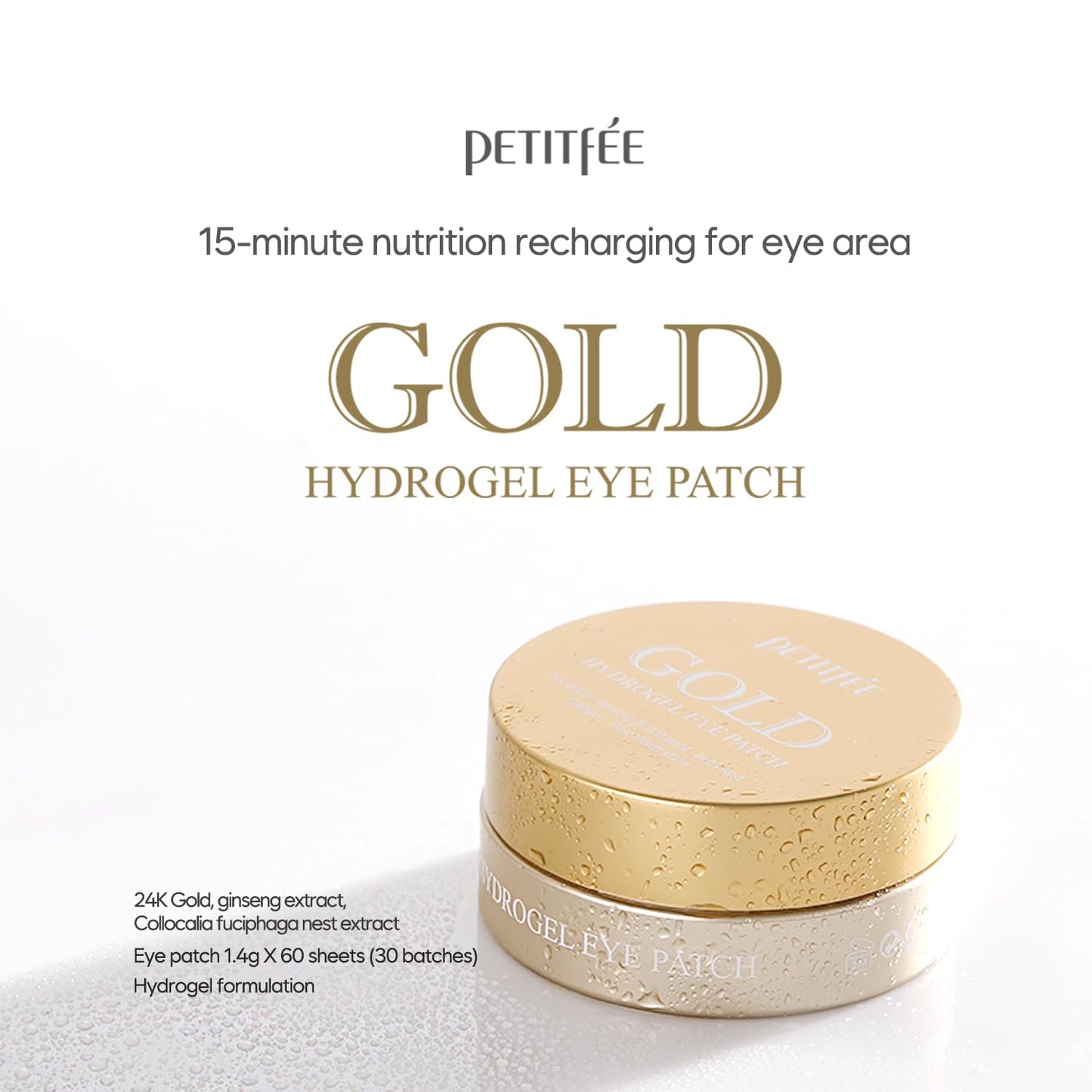 Petitfee Gold Hydrogel Eye Patch 60ea (30pairs) - 24k Gold Eye Mask for Moisturizing, Glowy Skin, Hydrating, Skin Elasticity, Youthful Complexion