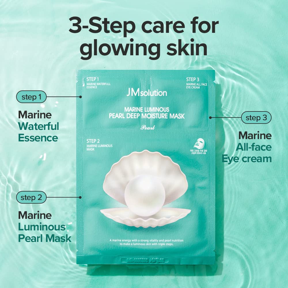 JMsolution Marine Luminous Pearl 3 Step Moisture Mask Plus (10 Sets) | Essence + Sheet Mask + Cream | Hydrating & Radiance Korean Skincare Set |