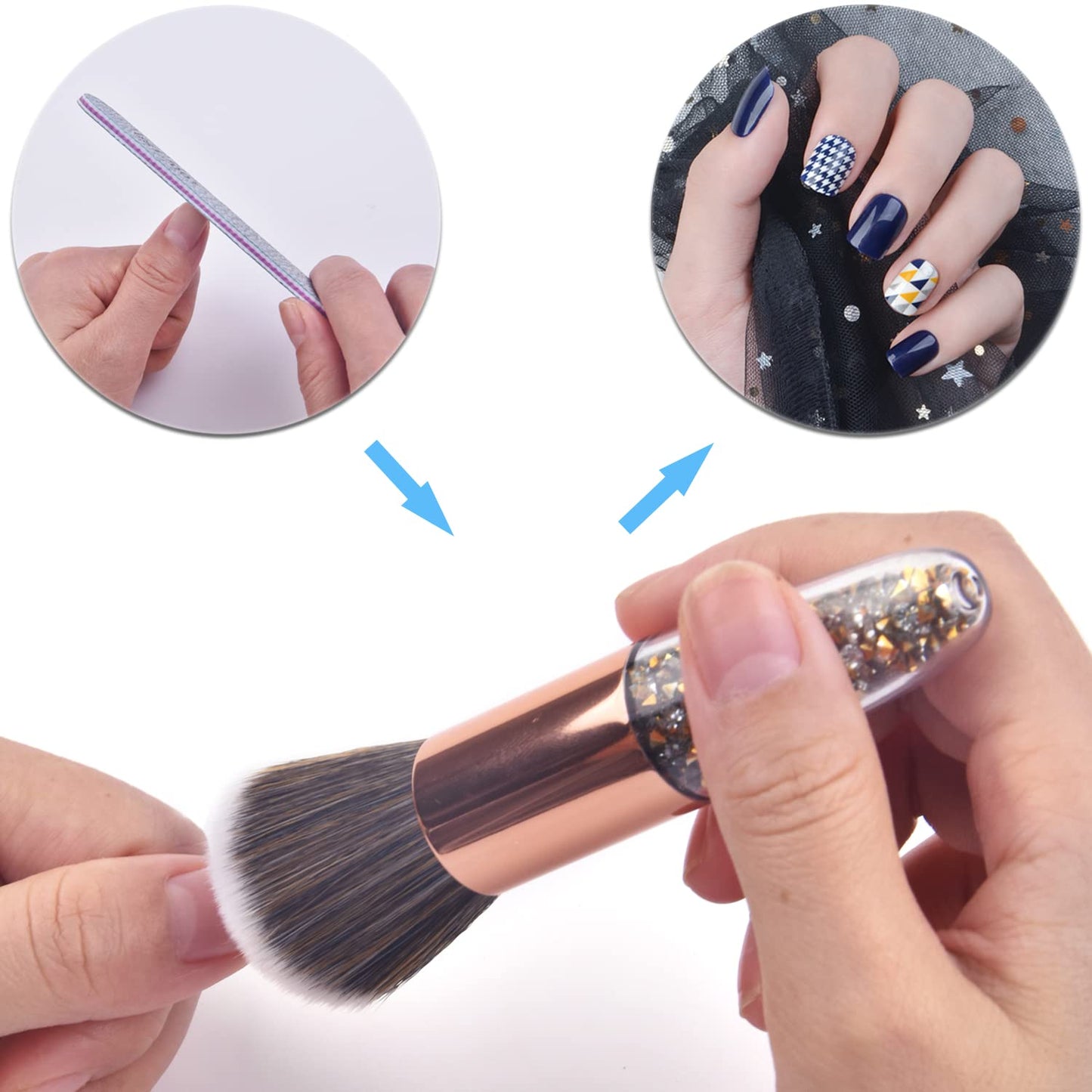 Ycyan Nail Art Dust Powder Remover Brush Rhinestone Handle Nail Art Dust Cleaner Brush Professional Nail Art Tool for Acrylic Gel Nails