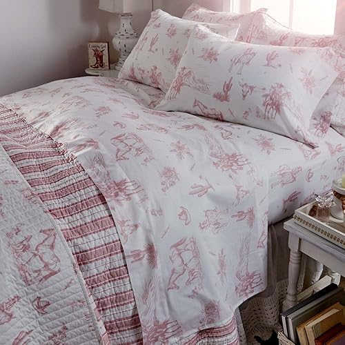 Rod's Dusty Rose Pink Cowgirl Toile-(Sheet Set)-4 Piece King Sheet Set-Pink and White-Top Sheet (112x102in)-Fitted Sheet (78x80x15in) Two Pillow Cases