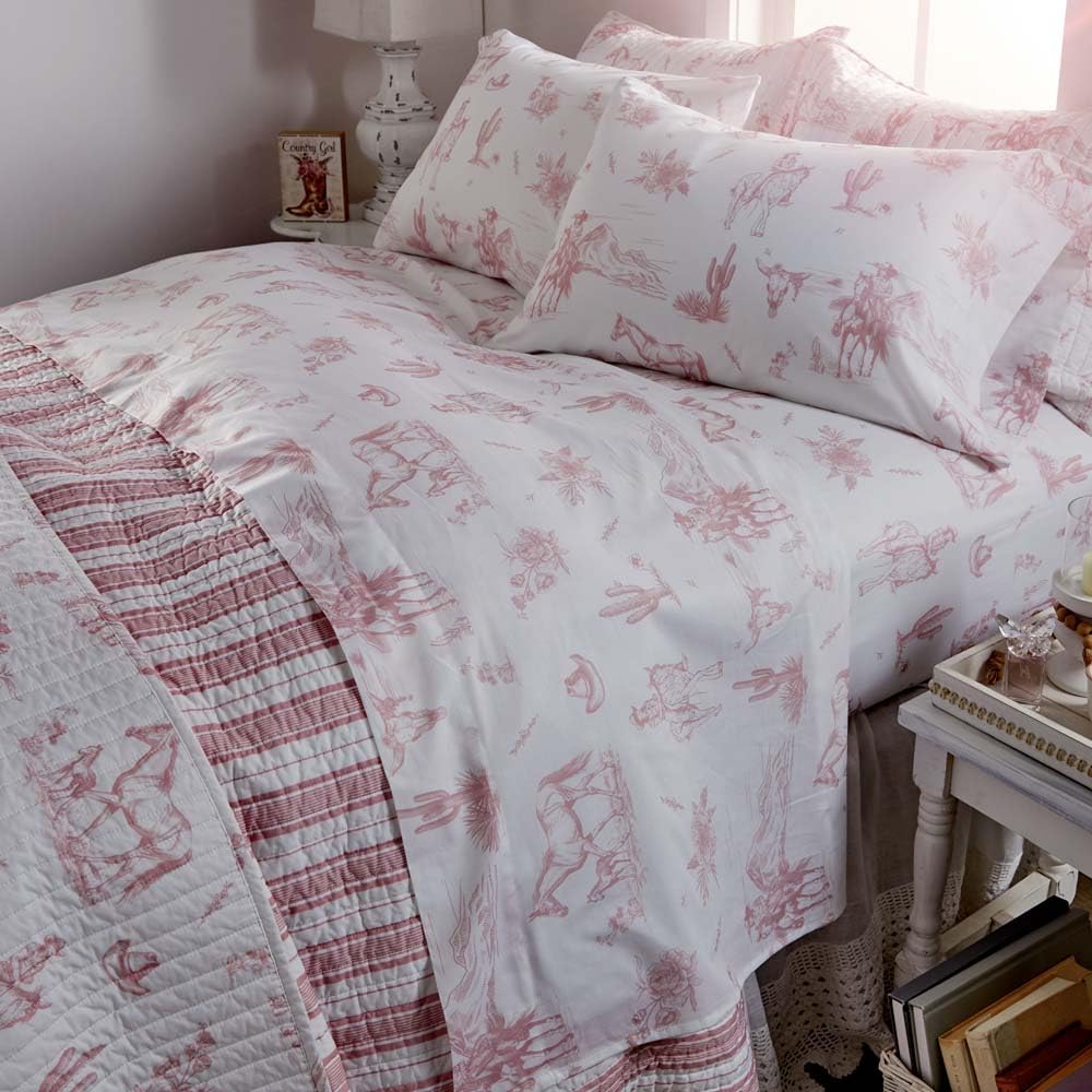 Rod's Dusty Rose Pink Cowgirl Toile-(Sheet Set)-4 Piece King Sheet Set-Pink and White-Top Sheet (112x102in)-Fitted Sheet (78x80x15in) Two Pillow Cases