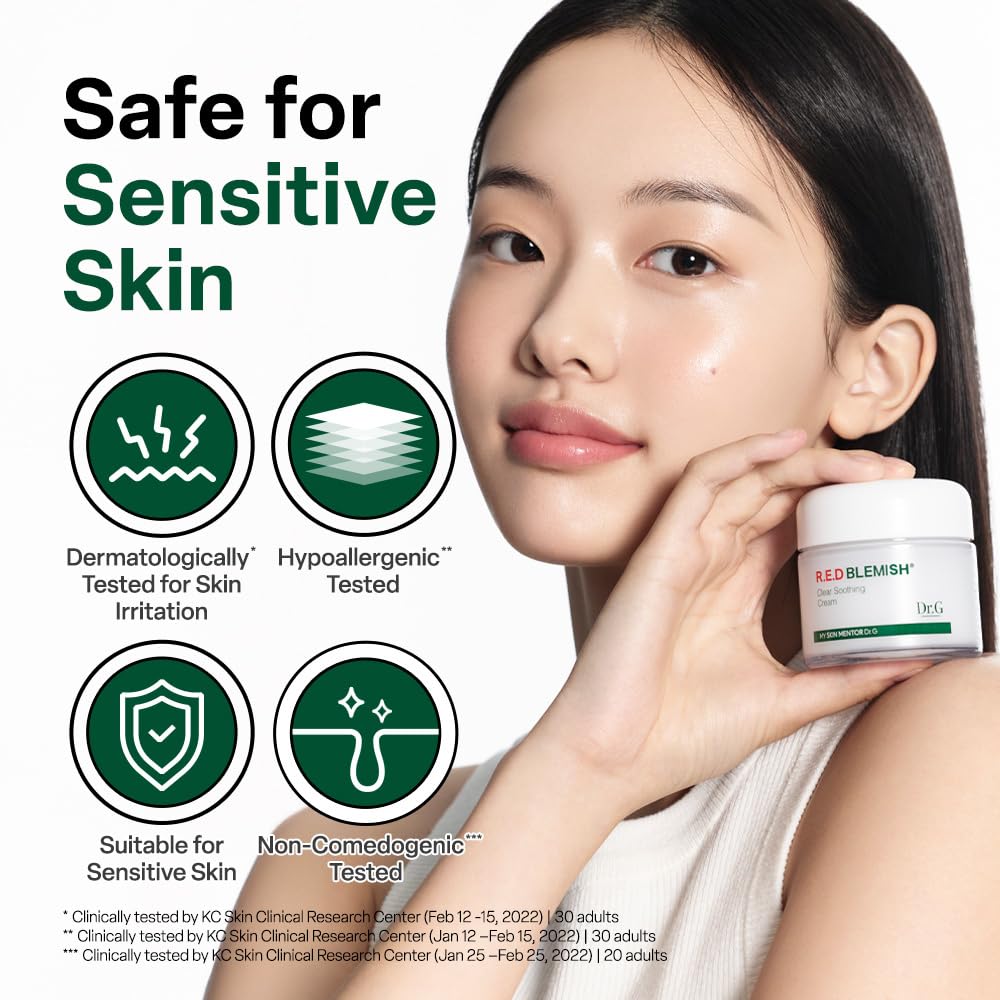 Dr. G R.E.D. Blemish Clear Soothing Cream - Calming Korean Moisturizer for Redness - Soothes Acne & Irritation - With Centella Asiatica - Long-Lasting
