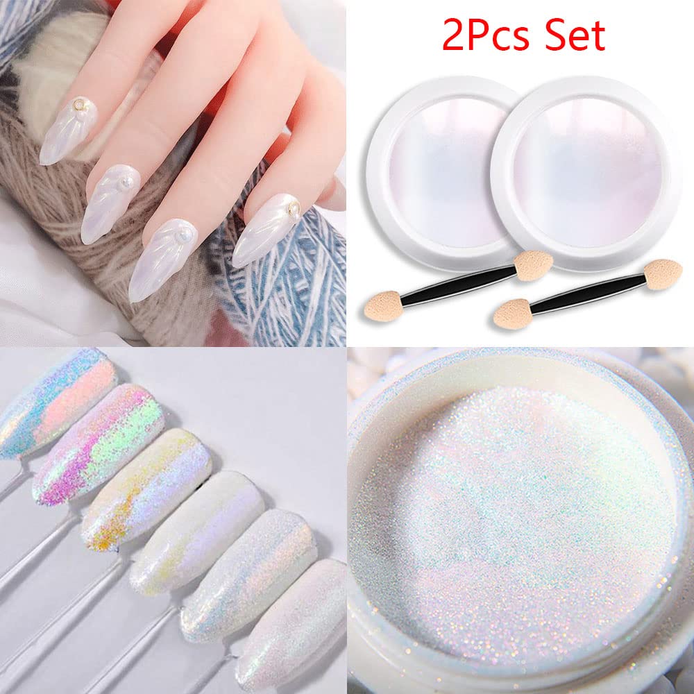evpct 2Pcs Pearl White Mermaid Aurora Chrome Nail Powder Kit for Gel Nails Polish Rainbow Holographic Iridescent Chameleon Metallic Neon Nail Pigment