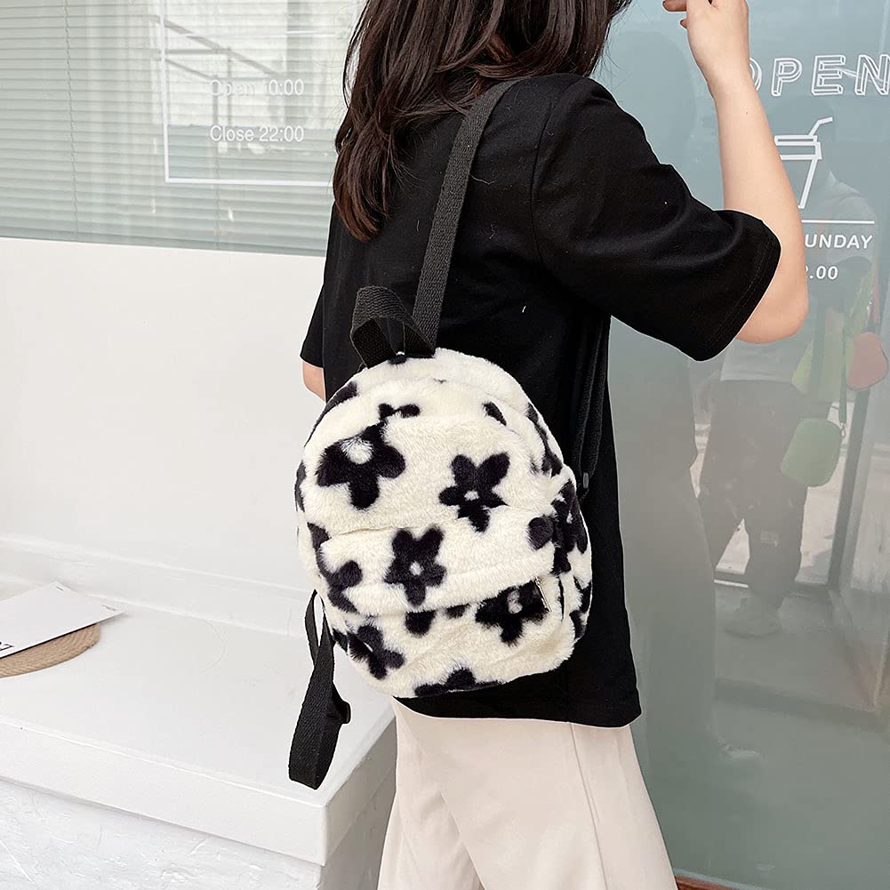AnsenSUN Women Faux Plush Tote Bag Backpack, Plush Backpack, Preppy Style Flowers Printing Casual Knapsack, Mini Rucksacks Black and White…