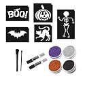 Glimmer Halloween Spooktacular Glitter Tattoo Mini Complete Kit - 25 Stencils (5 Designs, 5 Each), 2 Glues, 4 Glitter Colors, Brush Set
