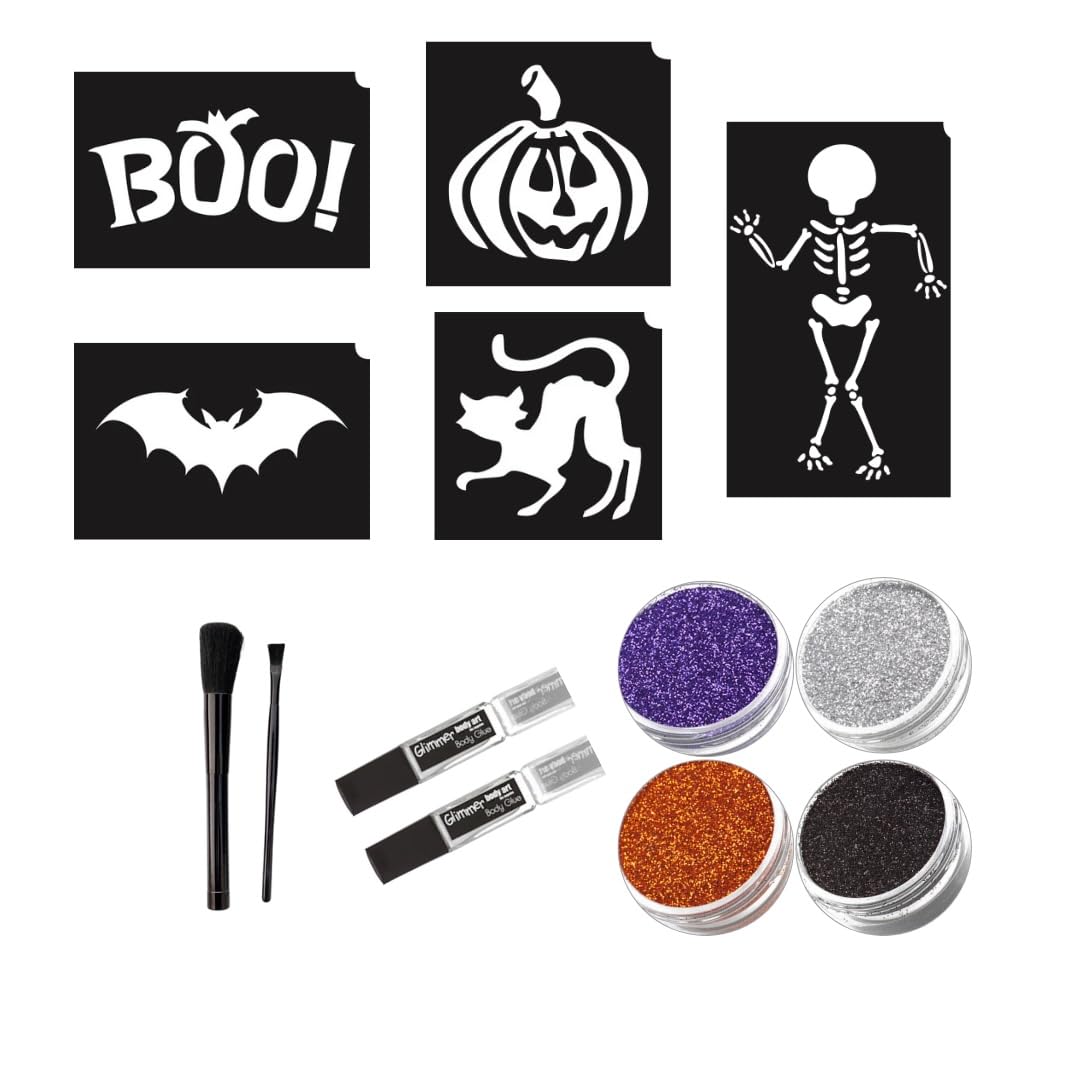 Glimmer Halloween Spooktacular Glitter Tattoo Mini Complete Kit - 25 Stencils (5 Designs, 5 Each), 2 Glues, 4 Glitter Colors, Brush Set