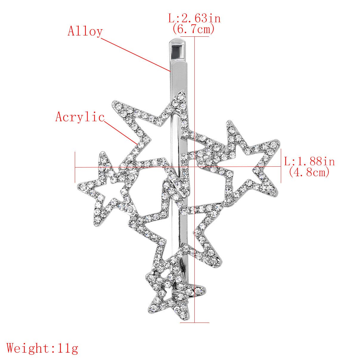 2Pcs Woman Silver Star Shape Shining Rhinestone Crystal Hairpin Hair Clip Metal Alloy Barrettes Hair Accessories for Party Wedding