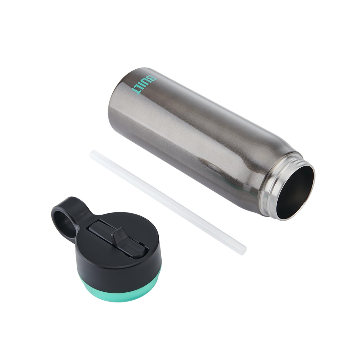 BUILT 20 fl oz Double-Walled Stainless Steel Wide Mouth Cascade Bottle, Straw Lid Spill-resistant Travel Cup with Rubber Grip Keep Drinks Cold Hot