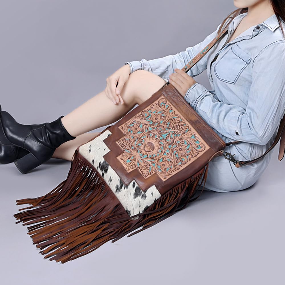 American Darling Messenger Hand Tooled Hair On Genuine Leather Women Bag Western Handbag Purse