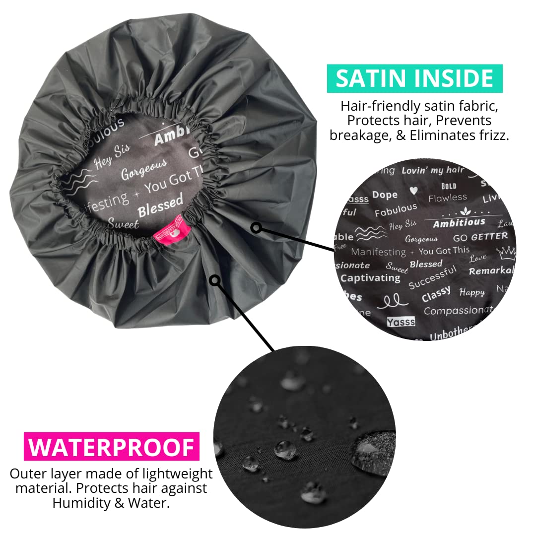 Shower Cap - Extra Large, Black, Satin lined inside, Reversible bonnet, Waterproof outer layer, Adjustable Elastic Strap, Reusable, Washable, Positive