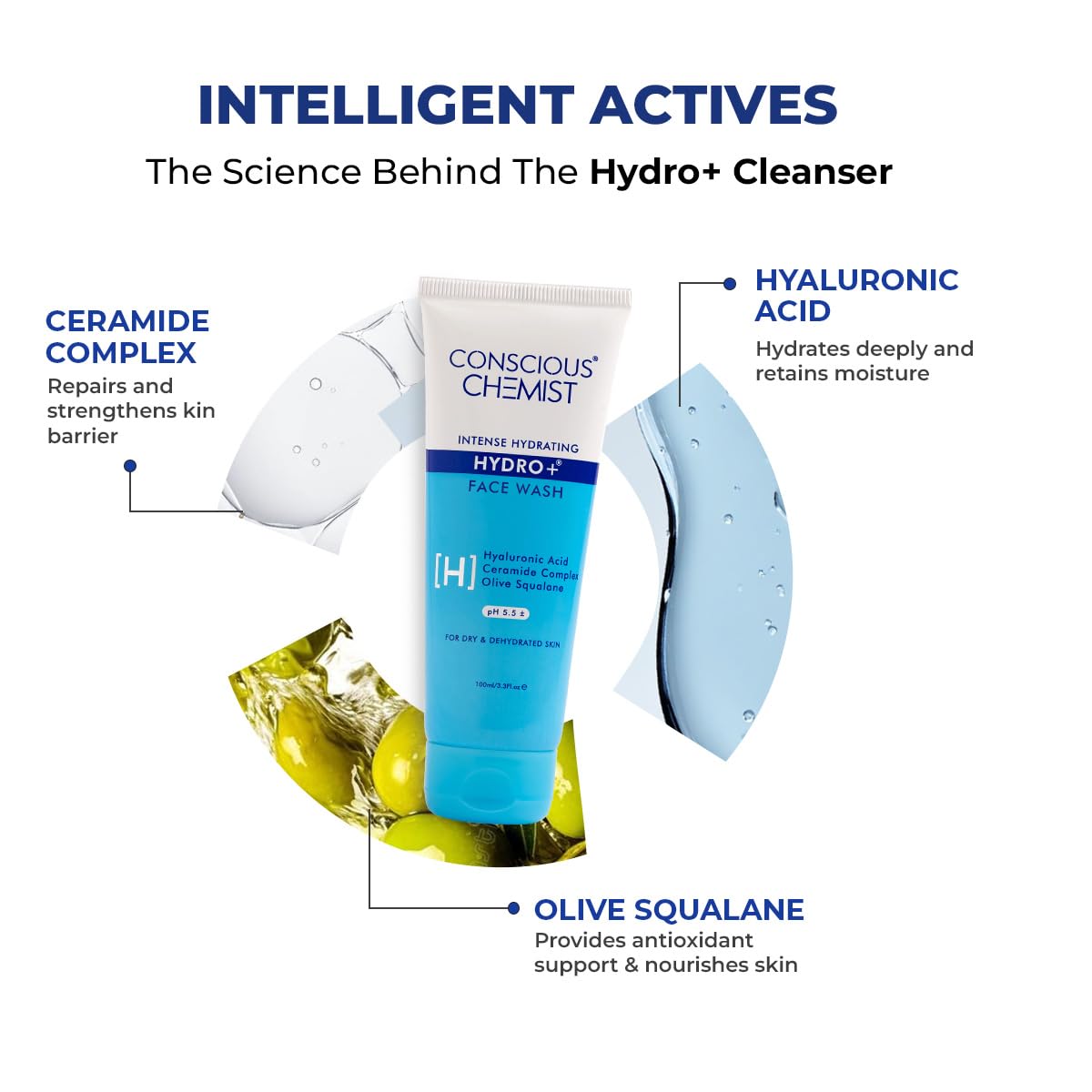 Conscious Chemist® Hydro+ Gentle Face Wash for Dry Skin | 100ml | Hydrating Facial Cleanser with Hyaluronic Acid, Ceramides & Ginseng | For Smooths