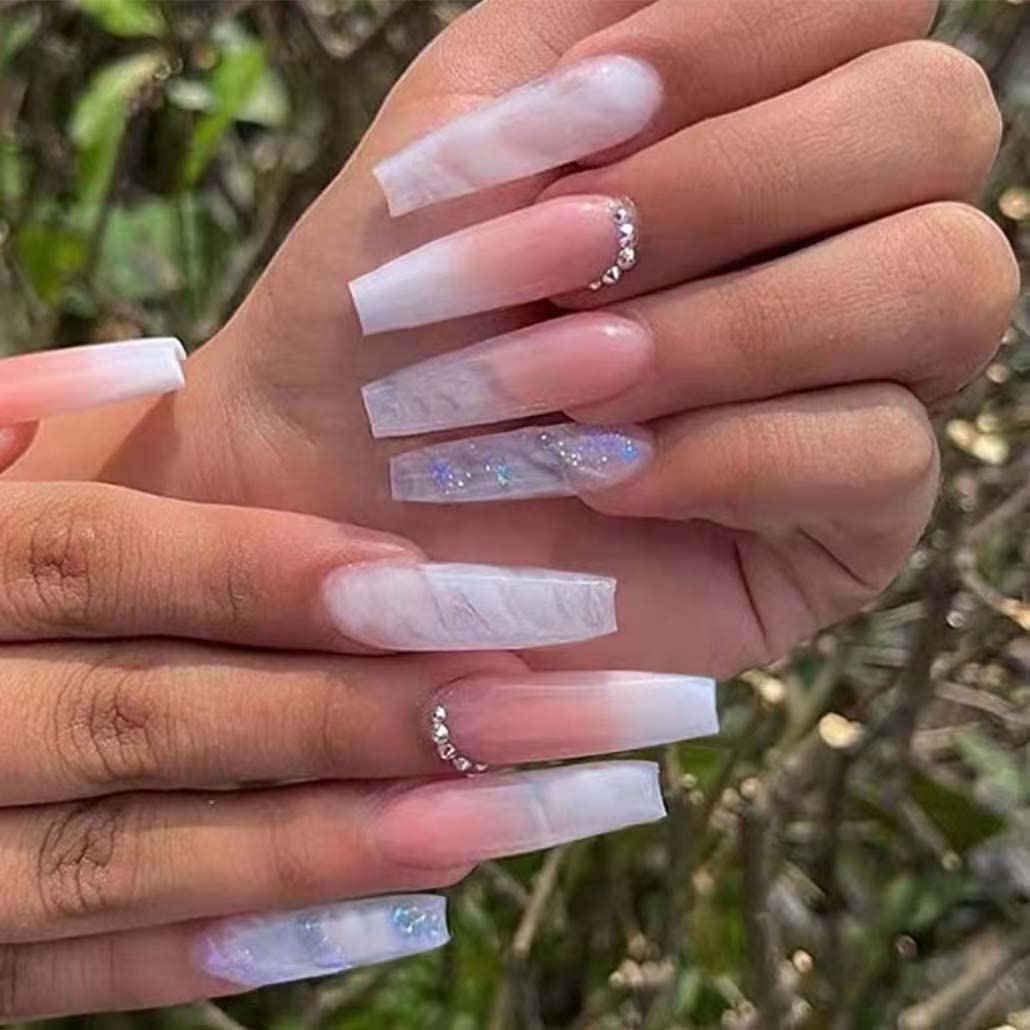 Foccna Gradient Pink Press on Nails Coffin Long Fake Nails Bling False Nails Rhinestone Design White Nails Full Cover False Nail Tips 24 pcs