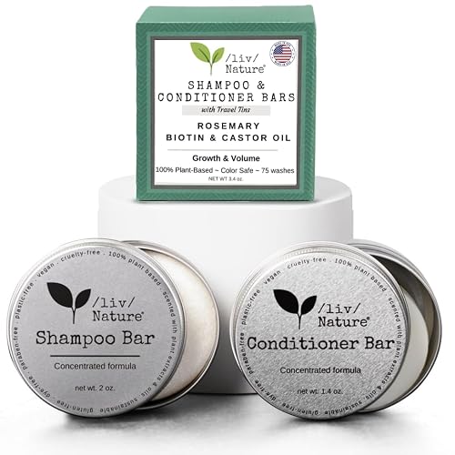 /liv/ Nature Shampoo Bar and Conditioner with Travel Tins | Rosemary, Biotin, Castor Oil | Growth, Volume, Thickening | For Thinning Hair | USA 2-pk